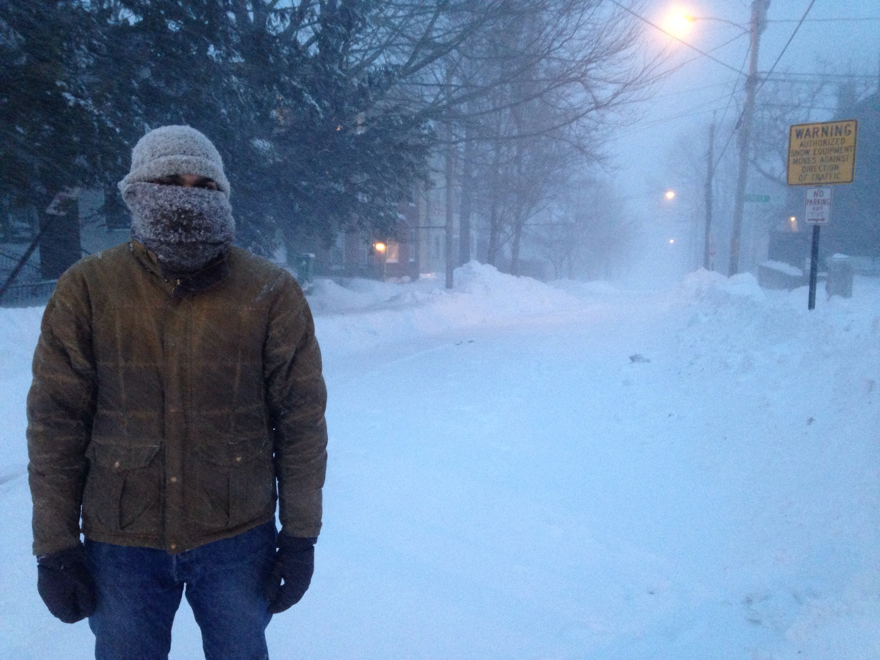 Blizzard Juno hits Portland Maine, and the bearded fellow is ready with warm woolen knits.